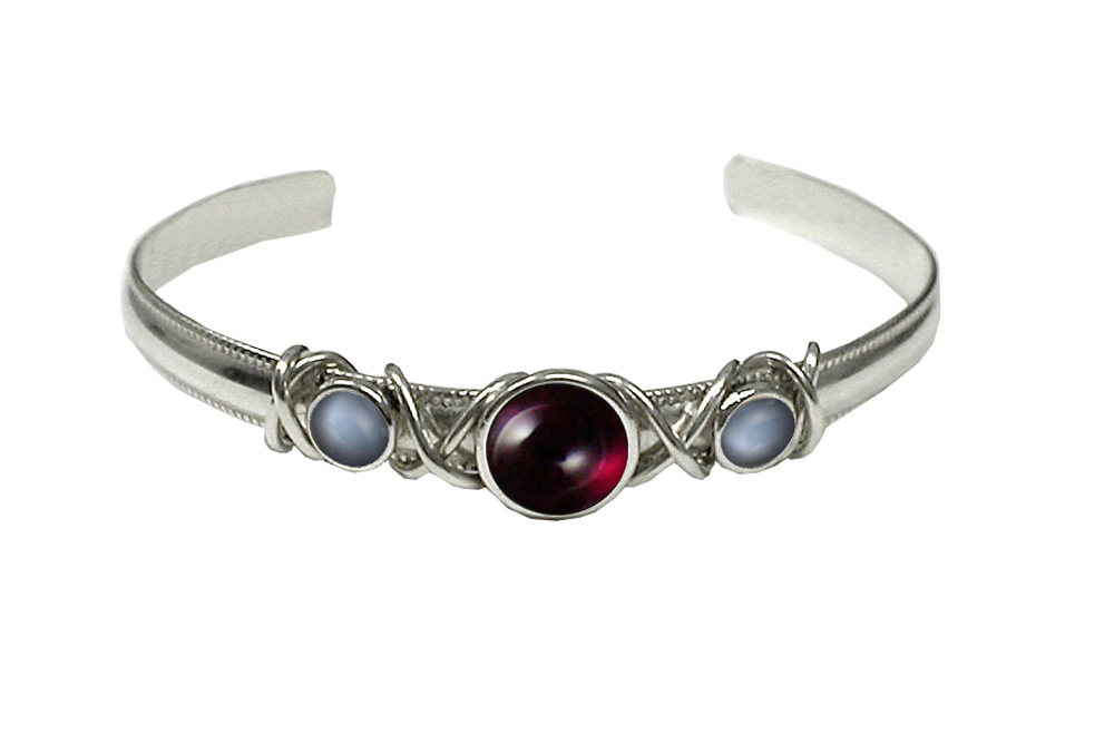 Sterling Silver Hand Made Cuff Bracelet With Garnet And Grey Moonstone